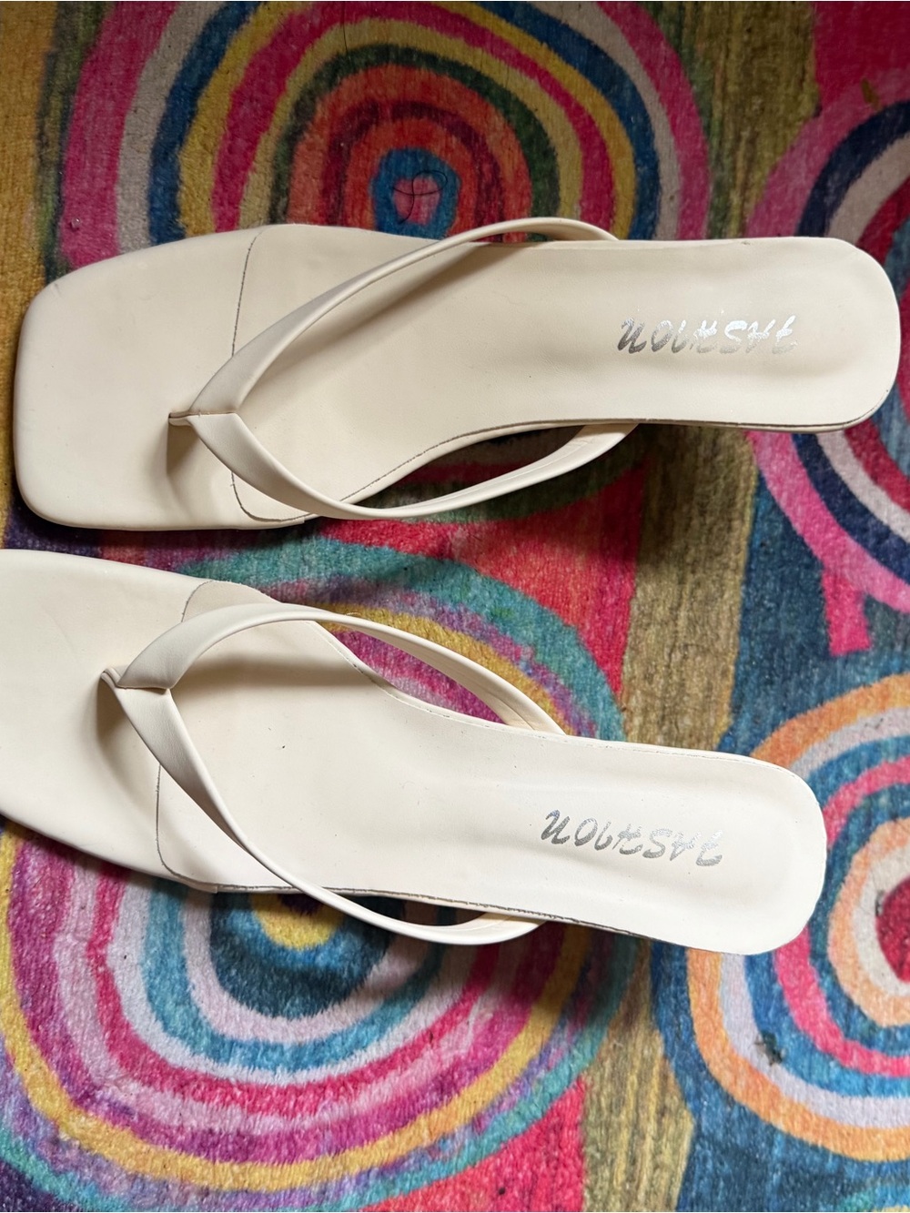 Cream Square-Toe Women's Flip Flop Heels